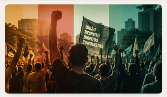 Multidão em mobilização com braços erguidos e bandeiras, representando força coletiva e organização.